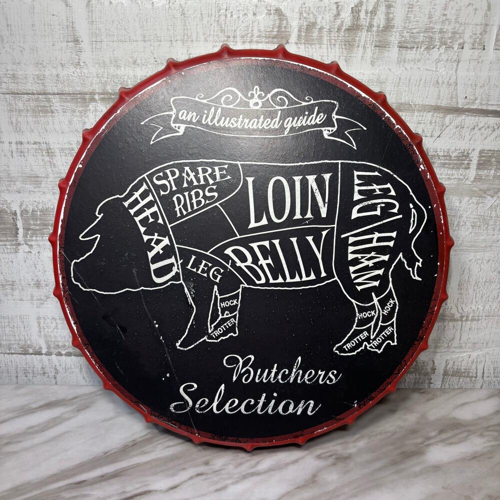 Farmhouse Butchers Selection Pig Metal Bottle Cap Wall Sign
